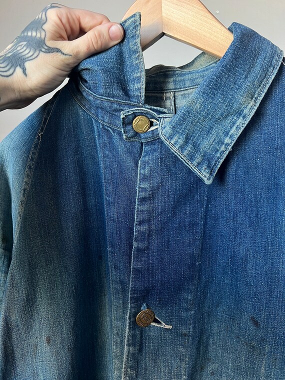 L XL, 1930s Blue Knight Two Pocket Chore Jacket, … - image 5