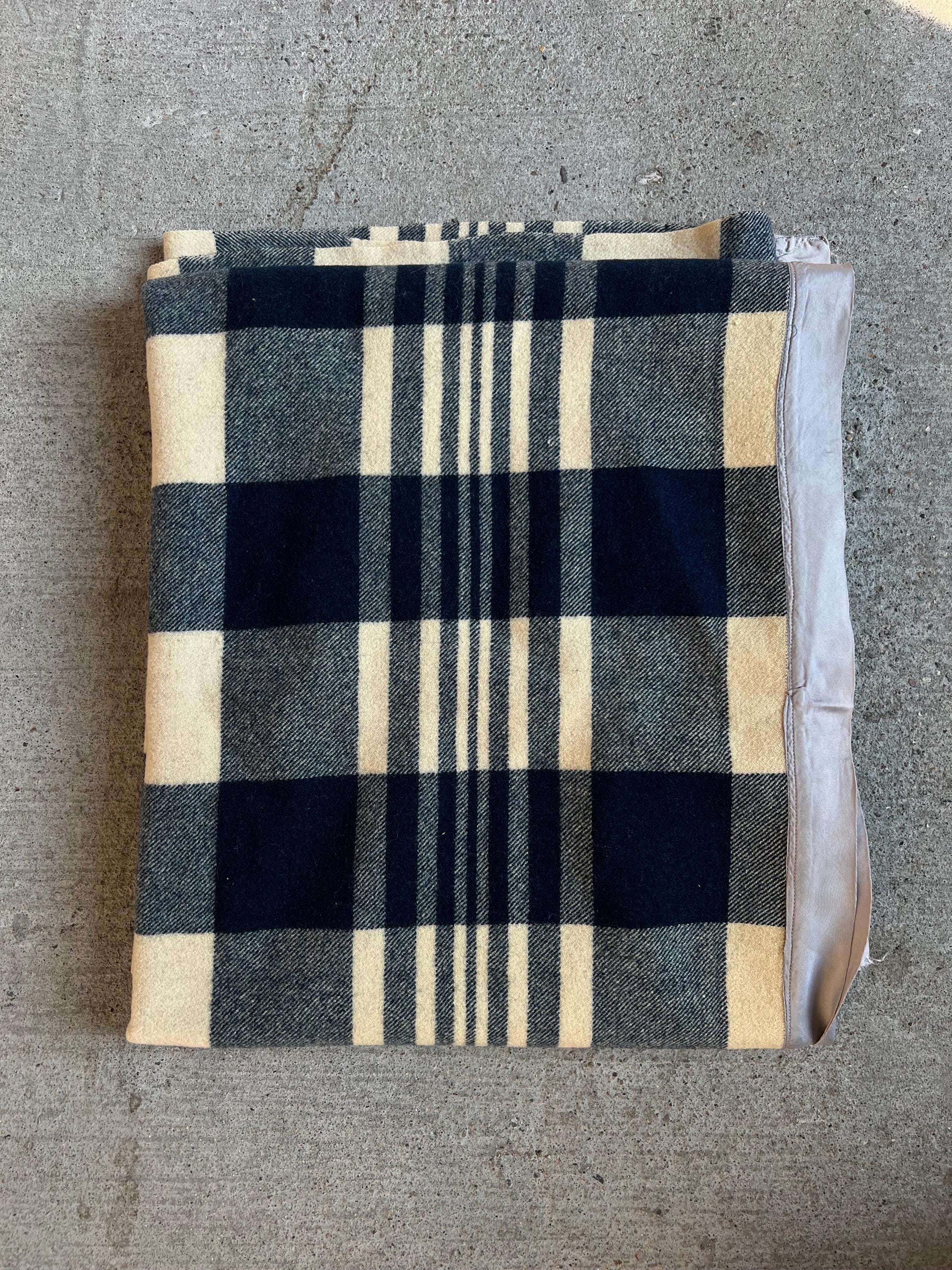 Vintage 1940s Navy and White Plaid Throw Blanket, 68" x 58"