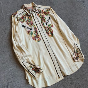 Sz 15, 1950s Rayon Embroidered "H Bar C" Western Shirt, Pearl Snap, L