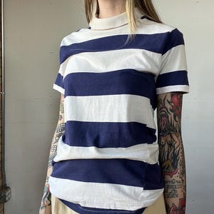 Med, Vintage 1950s AKOM Chunky Striped Turtle Neck T-Shirt, Navy White, M