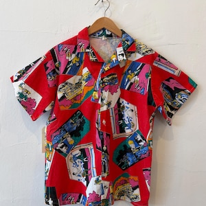 Vintage 80's Picture Artwork Cotton Red Button Up Shirt Small