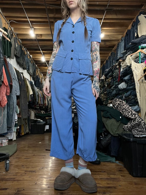 Med, 1940s Blue Two Piece Pant Set, Womens, Side … - image 1