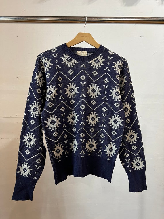 Sm Med, 1940s 1950s Pilgrim Patterned Sweater, Blu