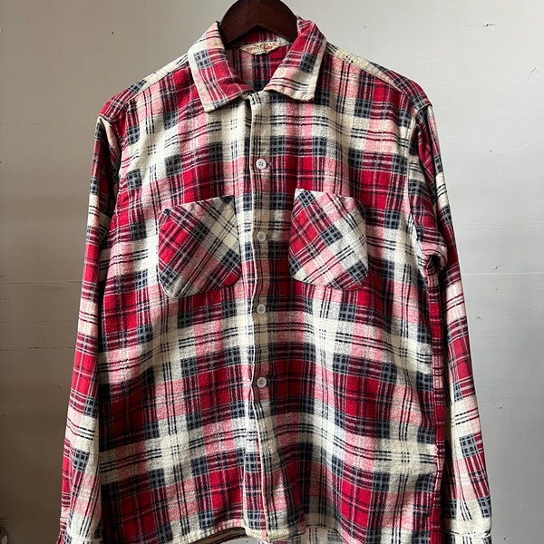 L, 1950s Plaid Winter King Loop Collar Flannel, Red - F