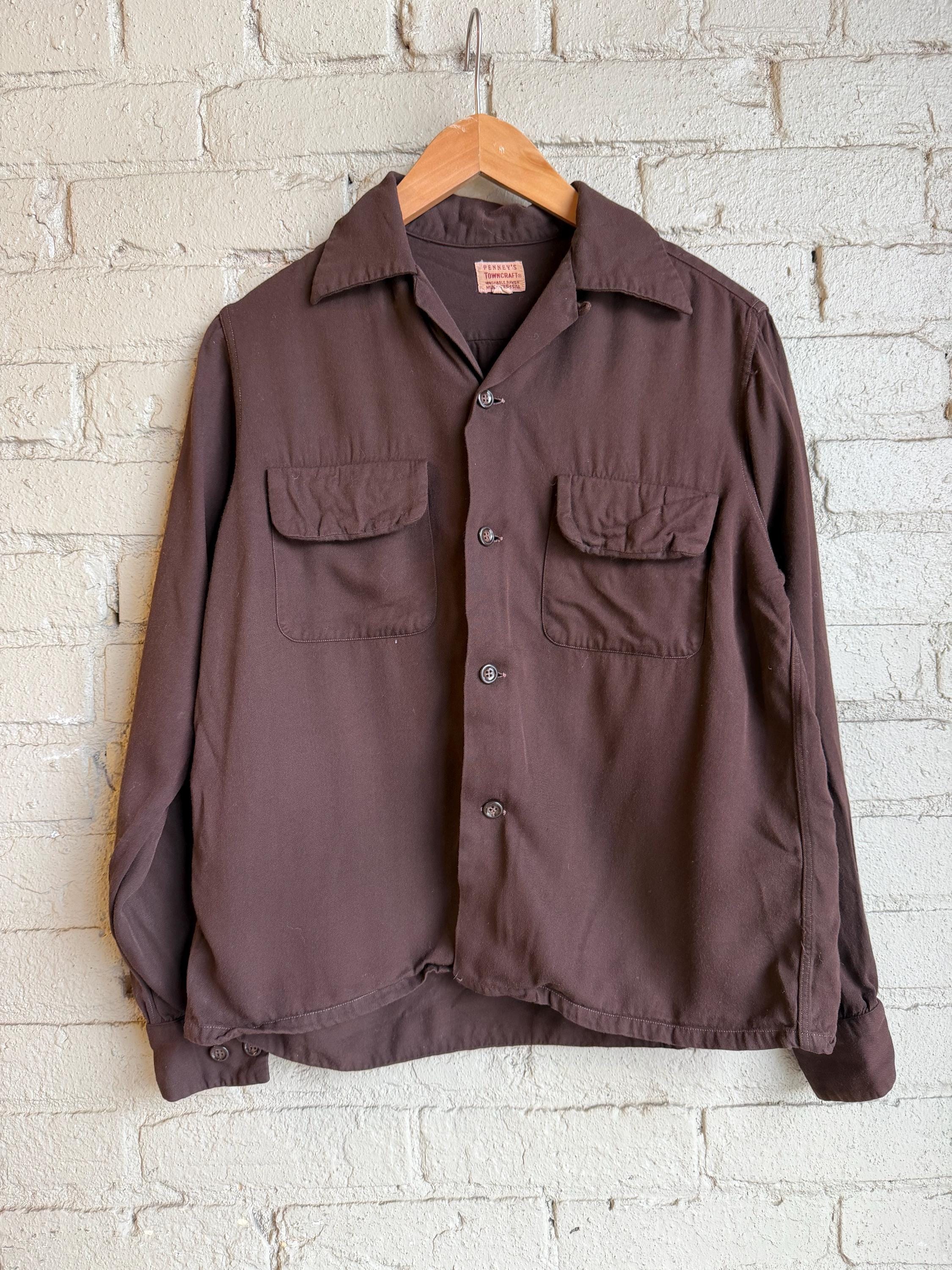 Vintage 1950s Penneys Towncraft Brown Rayon Loop Collar Shirt