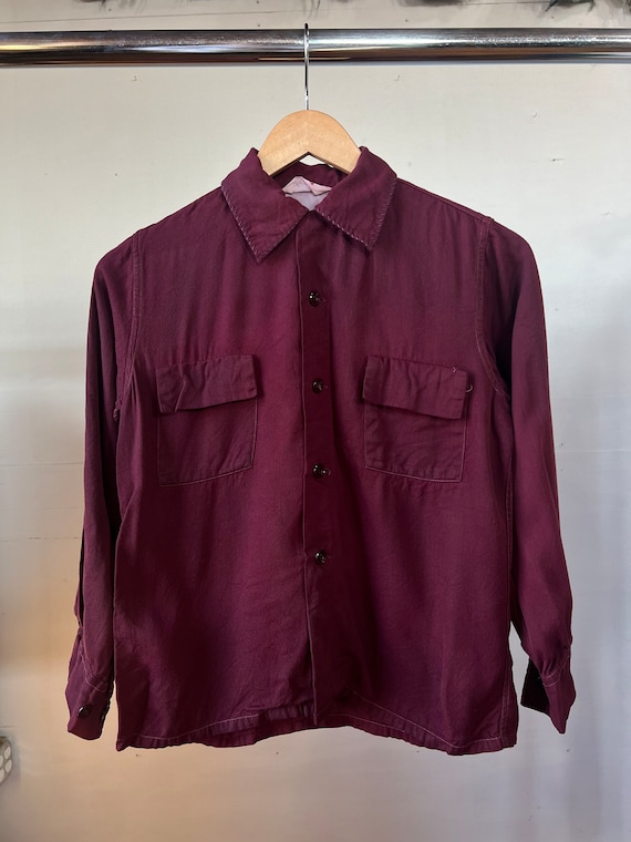 Kids 1950s Burgundy Rayon Loop Collar Shirt, Vintage