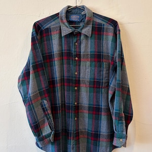 Vintage 90's Pendleton One Pocket Plaid Wool Made in USA Multi Color Button Up Shirt XL