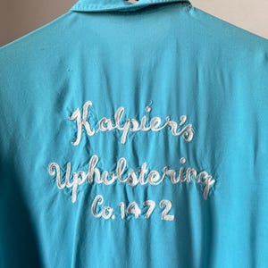 L XL, Vintage 1950s Chainstitch Rayon Shirt, Blue, Loop Collar, Upholstery, O