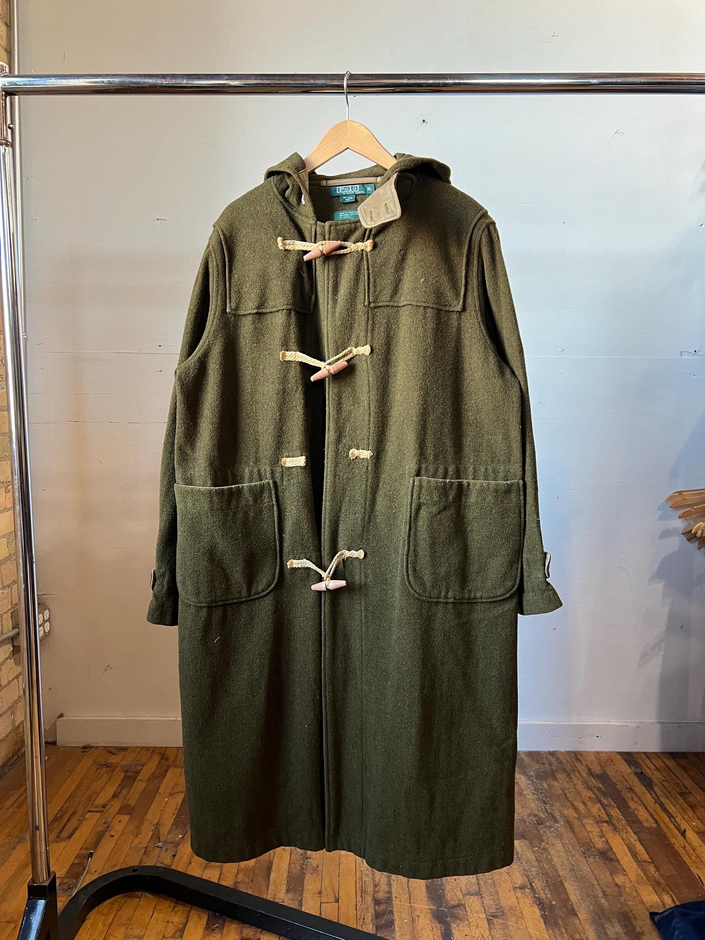 Vintage 90s Ralph Lauren Green Wool Hooded Toggle Trench Coat (L