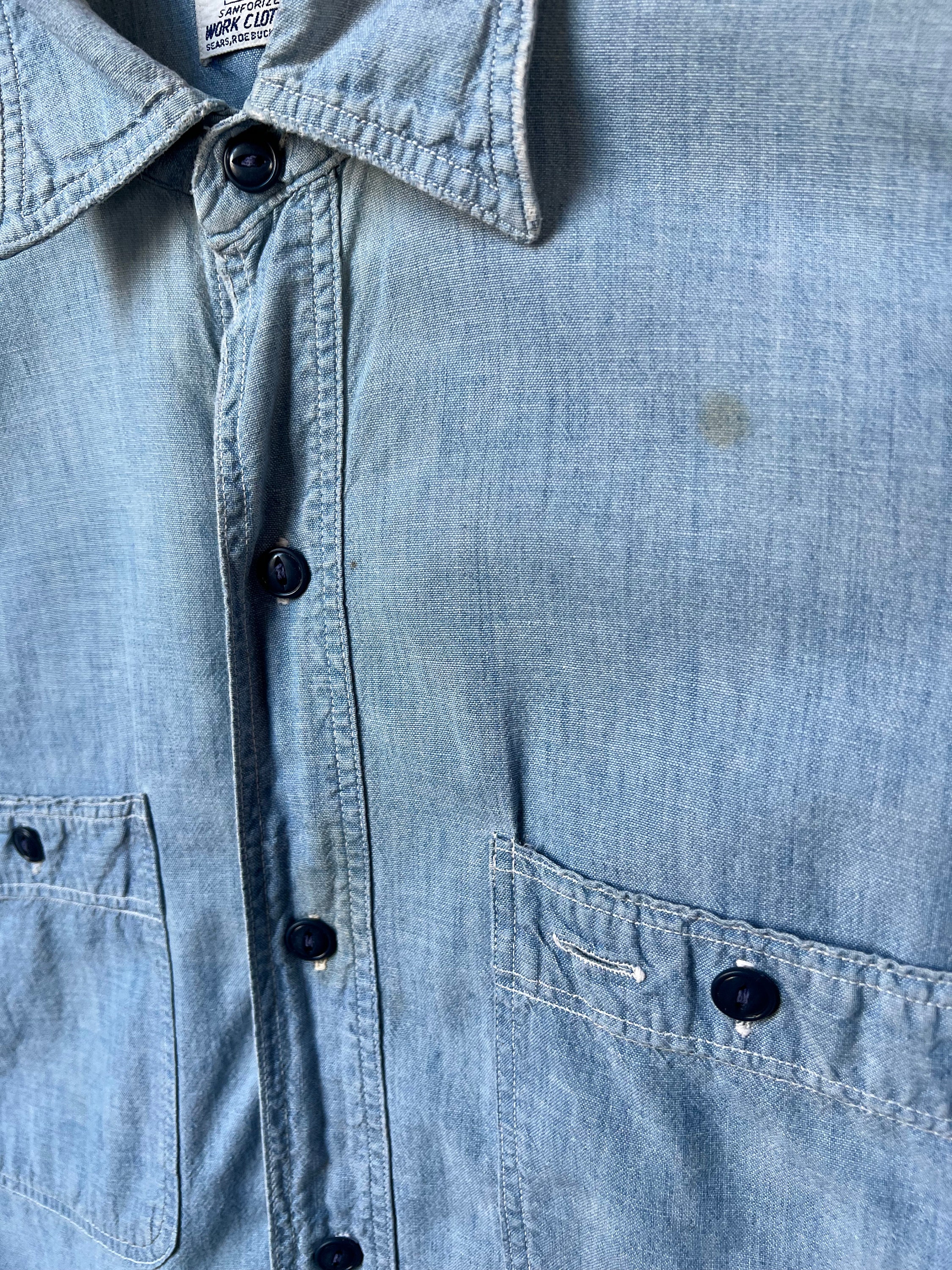 Med, 1950s SEARS Short Sleeve Chambray Work Shirt Med, 1950s SEARS Short Sleeve Chambray Work Shirt