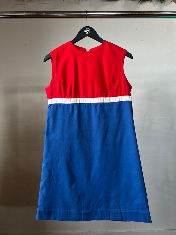 1960s Sleeveless A-Line Dress, Red White Blue, Su… - image 1
