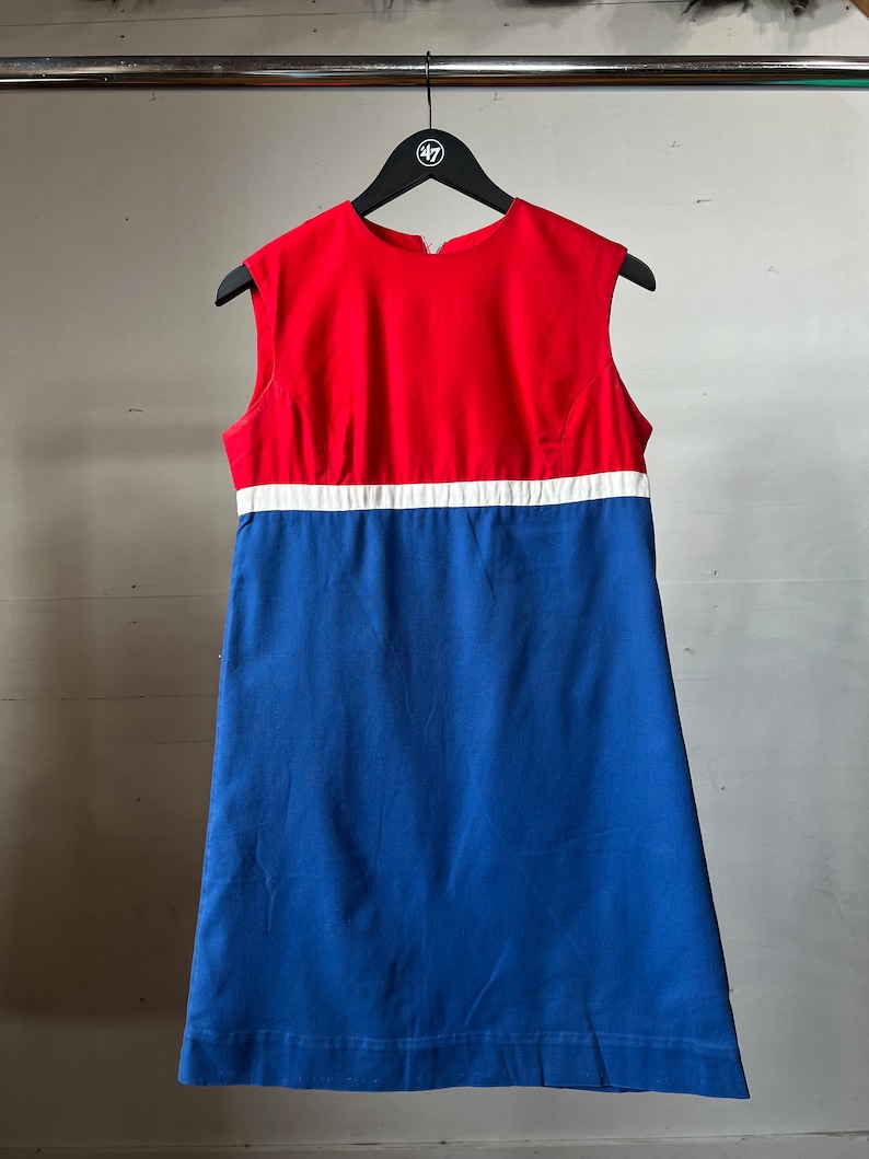 1960s Sleeveless A-Line Dress, Red White Blue, Summer, Mod H image 1