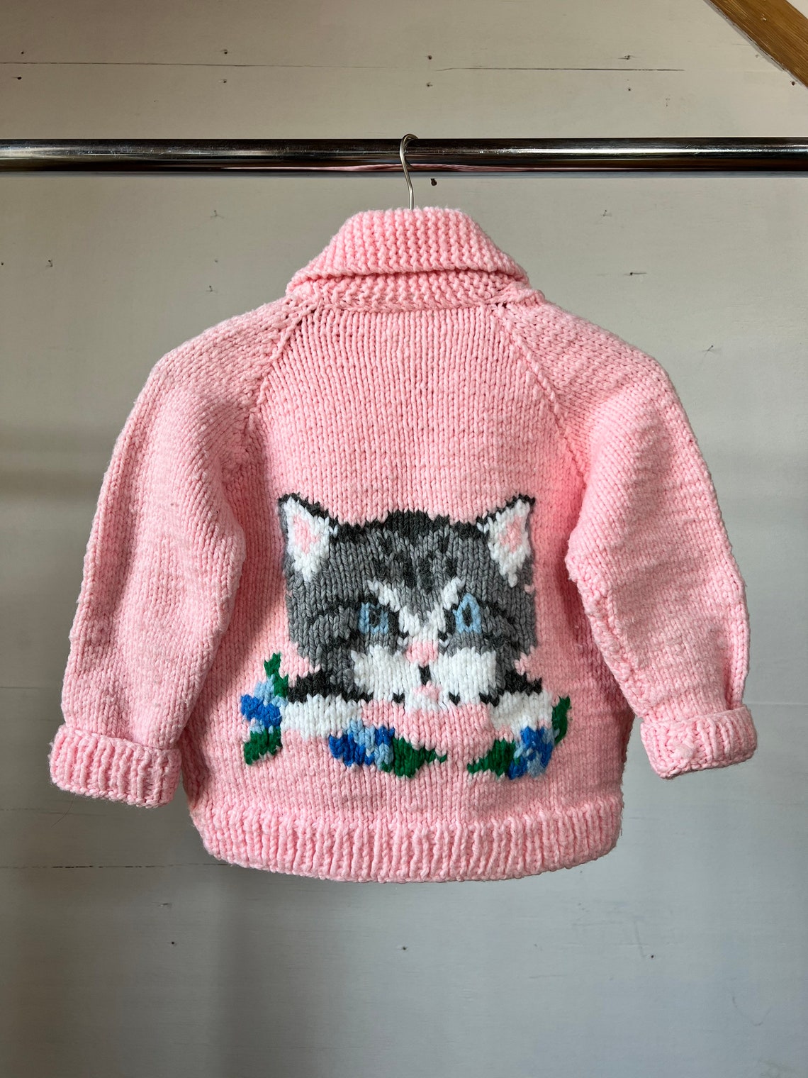 KIDS / 1970s 1980s Cat Cowichan Sweater / Pink Etsy
