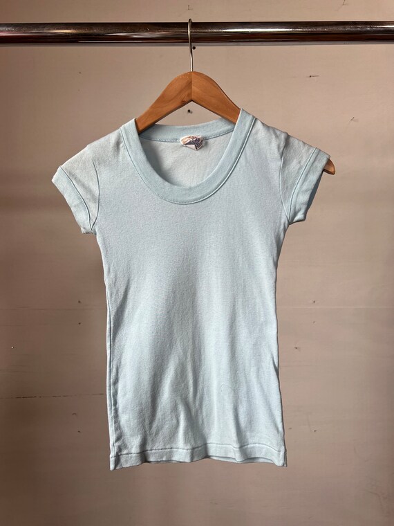 Small, 1970s Baby Blue Cap Sleeve T-Shirt, Vintage