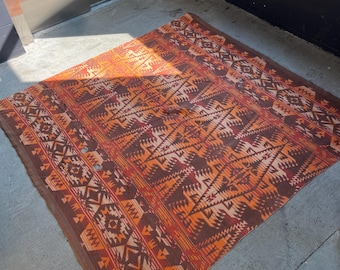 Vintage 1930s 1940s Cotton Camp Blanket GREAT COLORS, Orange Brown, Navajo, Southwestern, 70 x 75