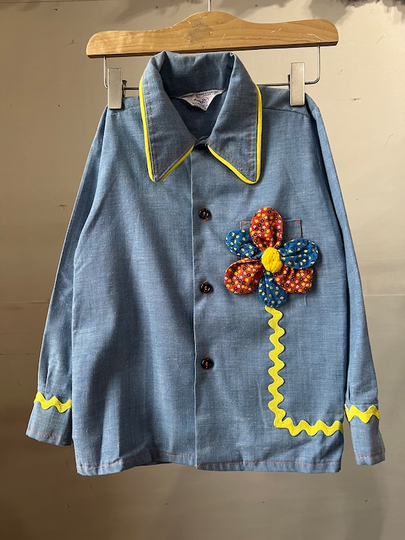 Kids 1970s Flower Chambray Shirt, Hippie, Cute, Ch