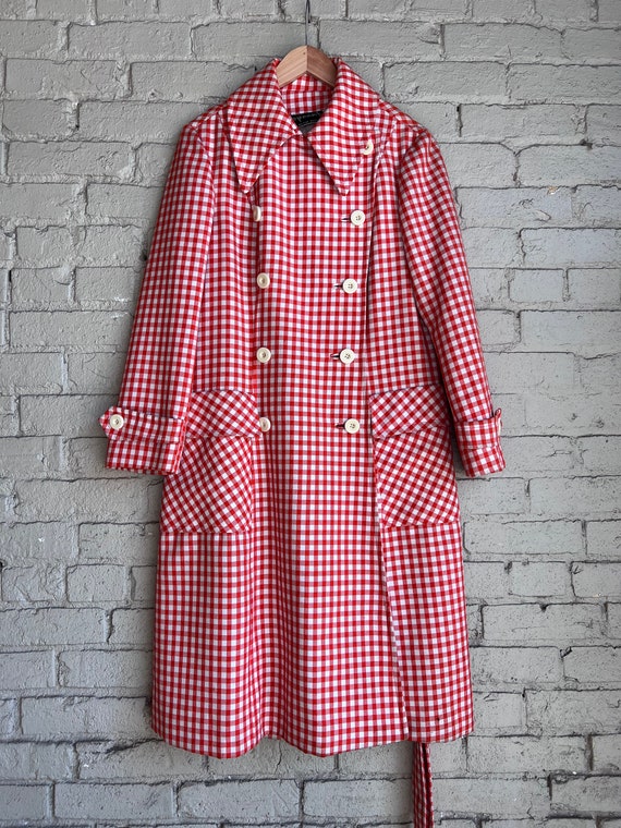 Womens 1960s Gingham Long Jacket, Red White, Cope… - image 1