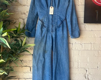 XS, 1970s Denim Coverall Jumpsuit, Vintage, Cotton