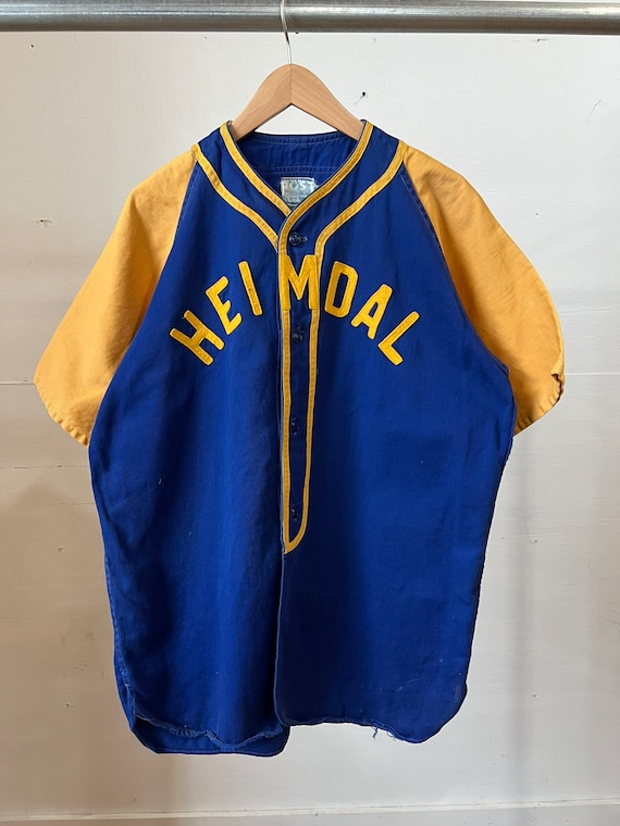 Large, 1950s Two Tone Baseball Jersey, Blue Yellow