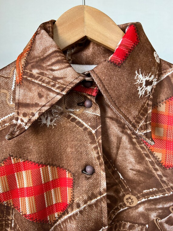 Med, 1970s Patchwork Polyester Shirt, Scarecrow -… - image 2