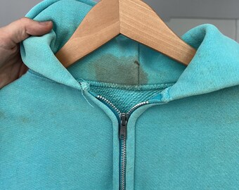 Large, Vintage 1960s Turquoise Cotton Zip up Hoodie