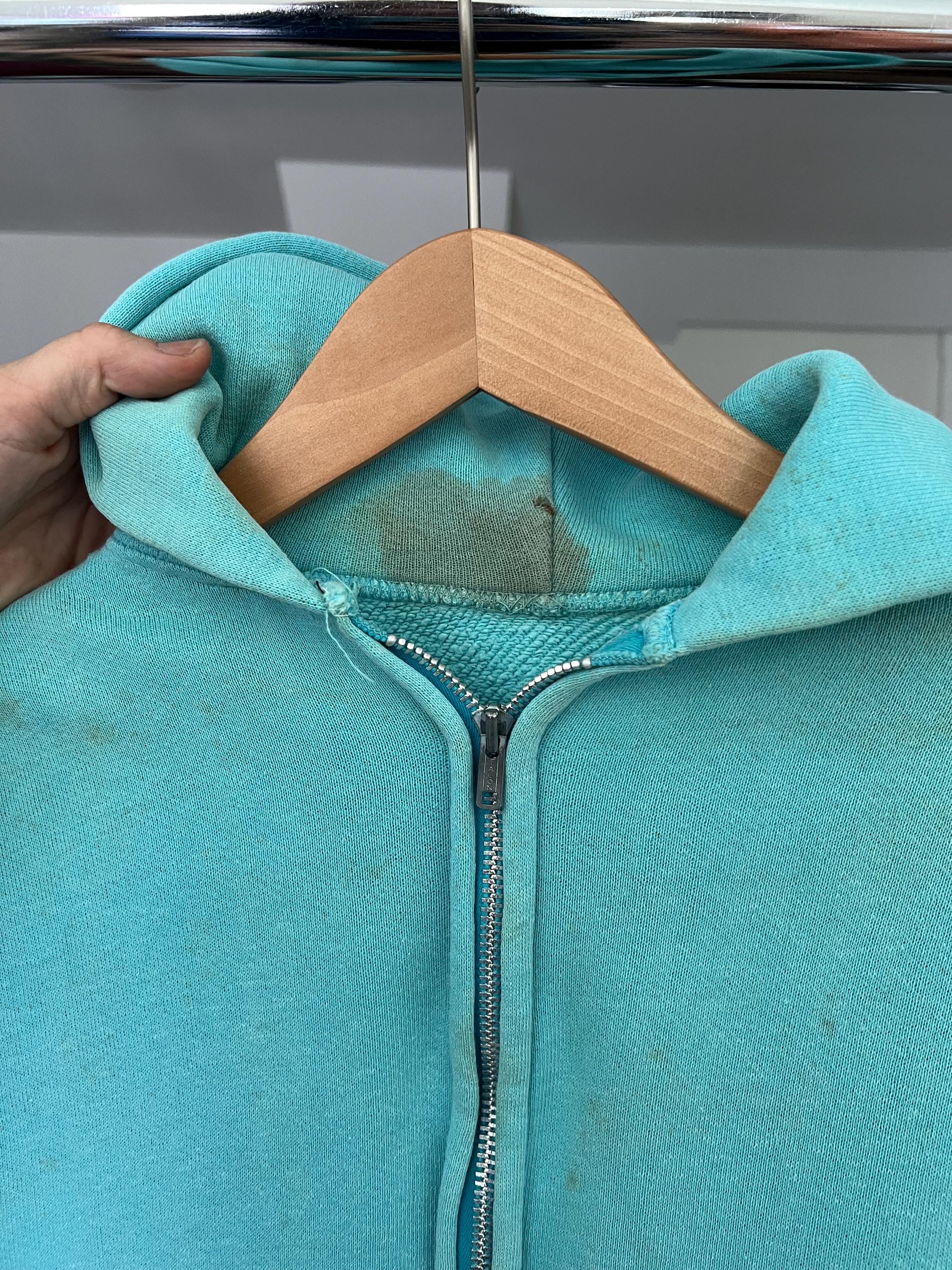 Large, Vintage 1960s Turquoise Cotton Zip up Hoodie