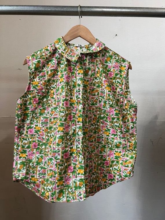 Med, 1960s Sleeveless Printed Shirt, Flowers, Cats