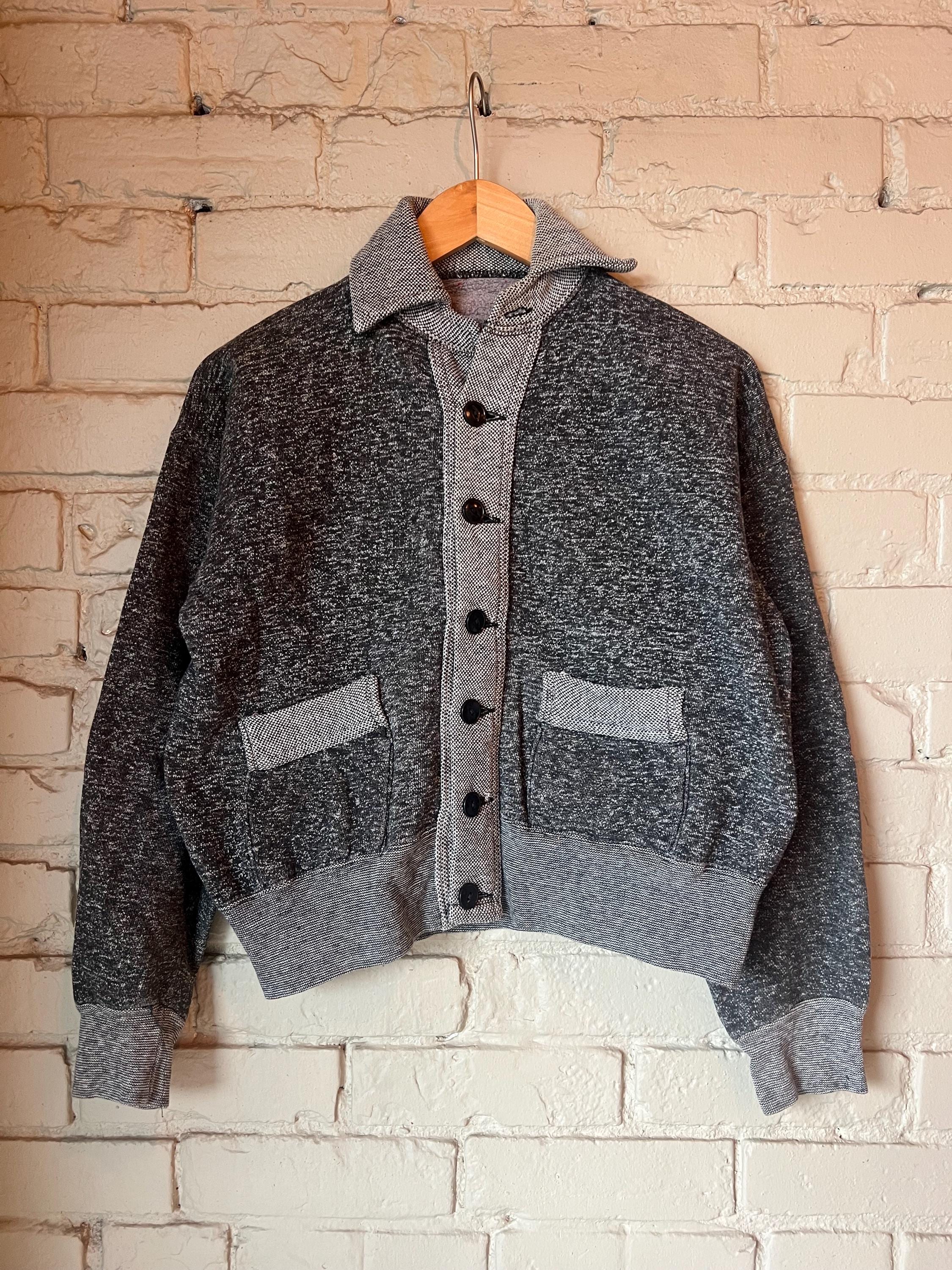 Small, Vintage 1940s 1950s Salt and Pepper Cotton Cardigan, Collar 