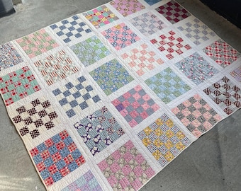 1930s 1940s Vintage Square Patch Quilt, Cotton, Americana