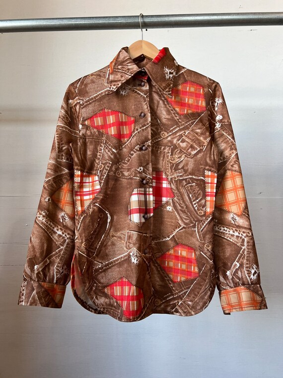 Med, 1970s Patchwork Polyester Shirt, Scarecrow -… - image 1