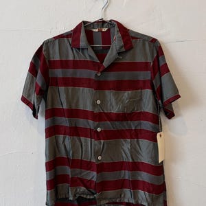 Può includere: Una camicia a maniche corte con bottoni e un motivo a righe orizzontali rosso scuro e grigio. La camicia presenta un colletto classico, una tasca sul petto sul lato sinistro e bottoni bianchi sul davanti. Un'etichetta rettangolare vuota pende dal lato.