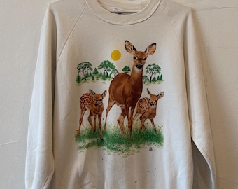 Vintage 80's Deer Animal Nature Raglan Distressed Made in USA White Crewneck Large