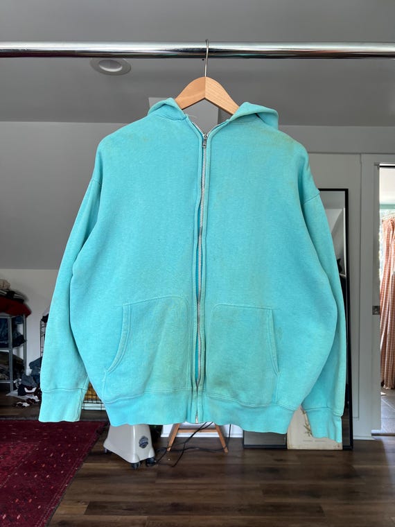 Large, Vintage 1960s Turquoise Cotton Zip up Hoodie