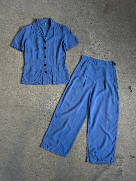 Med, 1940s Blue Two Piece Pant Set, Womens, Side … - image 2