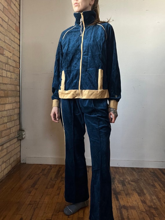L, 1970s Women's Wilson Velour Track Suit, Blue Ta