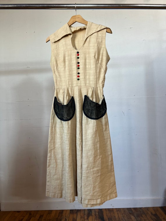 Small / 1930s 1940s Sleeveless Cotton Dress / Beig
