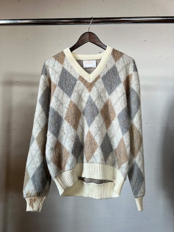 XL / 1970s Argyle Pull Over Mohair Sweater / V Neck - Etsy
