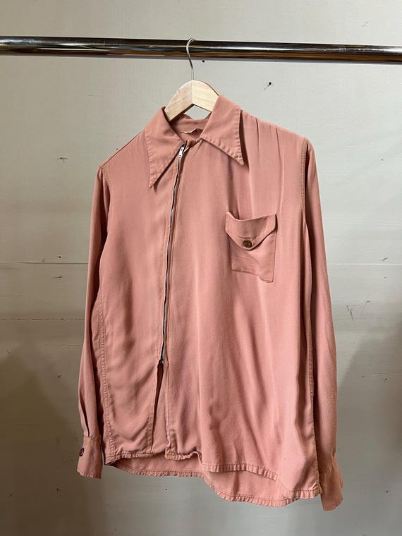 Small Med, Vintage 1950s Slant Zip Rayon Pink Shirt, Rare Style, S 