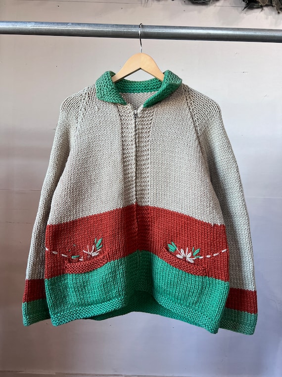 M, 1950s Green and Orange Cowichan Sweater, Flower - image 1