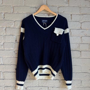 Small, Vintage 1970s V Neck Navy and White Pullover Sweater, Pocket