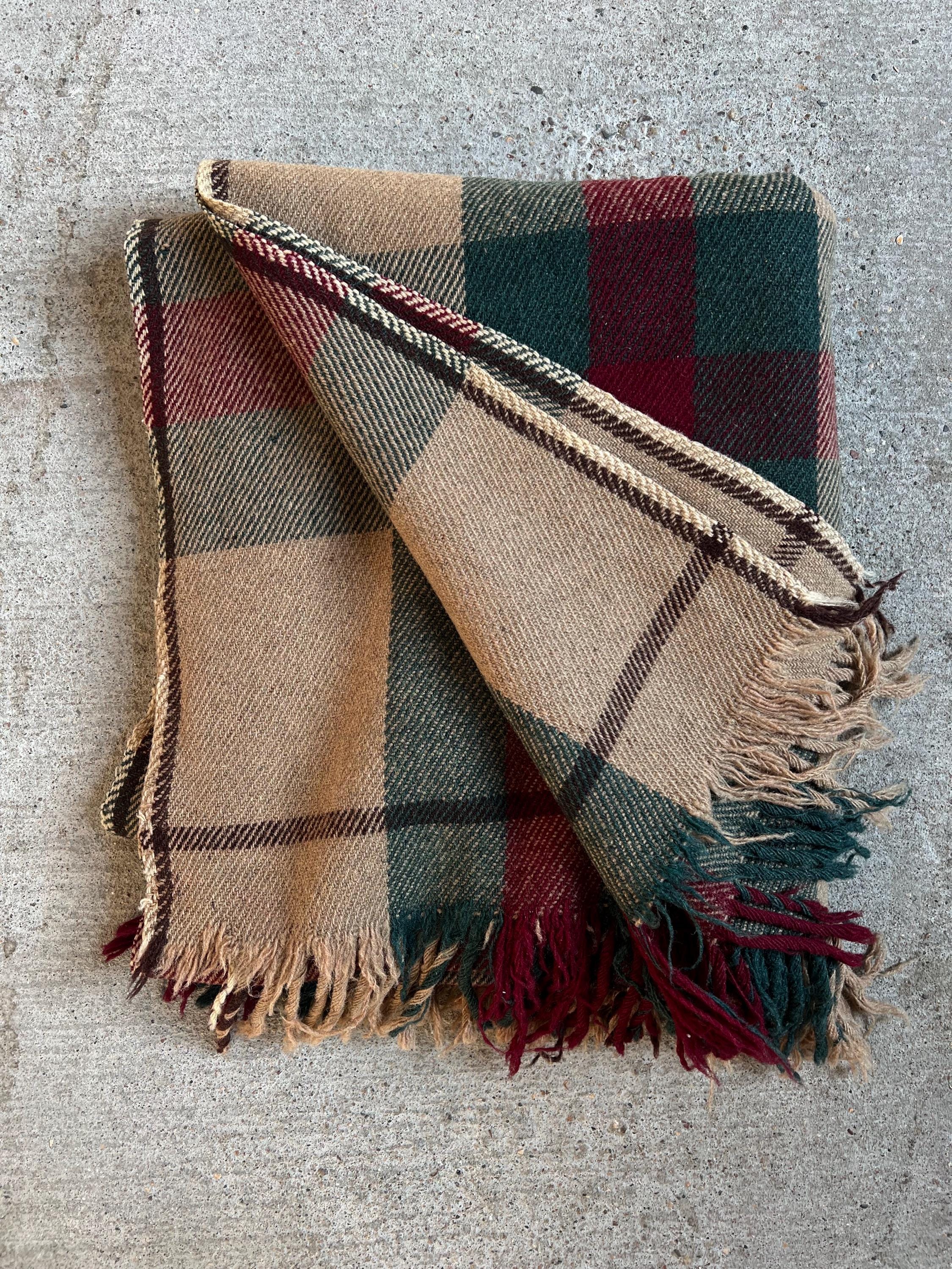 Vintage 1930s 1940s Wool Plaid Fringe Blanket, Red Brown Green