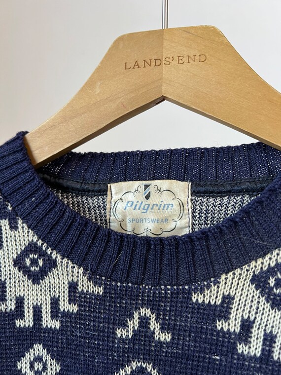 Sm Med, 1940s 1950s Pilgrim Patterned Sweater, Blue, Wool S2 