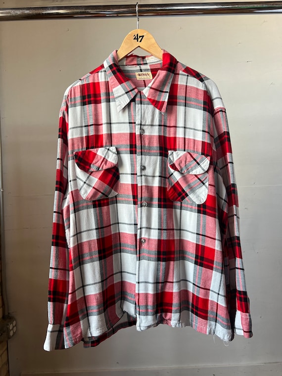 L XL, 1950s WINGS Rayon Loop Collar Plaid Shirt, as Is, N - Etsy