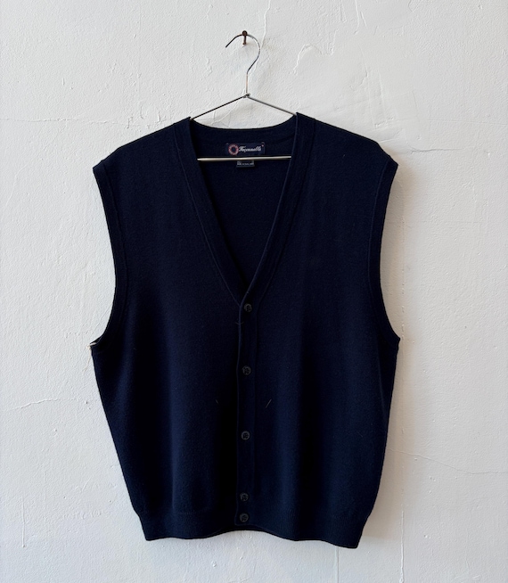 Façonnable, Vintage 90's Faconnable V Neck Merino Wool Navy Sweater Vest Large