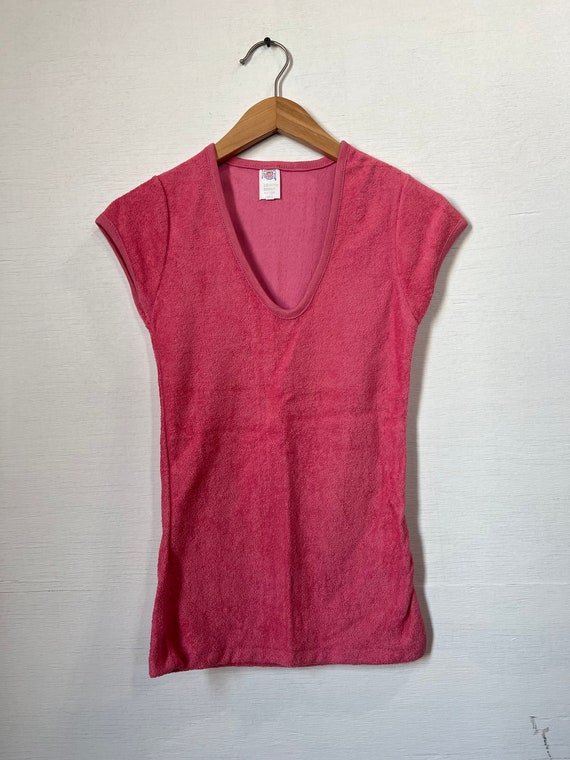Small, 1970s Pink Terry Cloth V Neck T-shirt, Sum… - image 1
