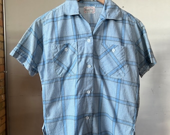 Sm Med, camicia abbottonata in cotone blu degli anni '50, manica corta, A