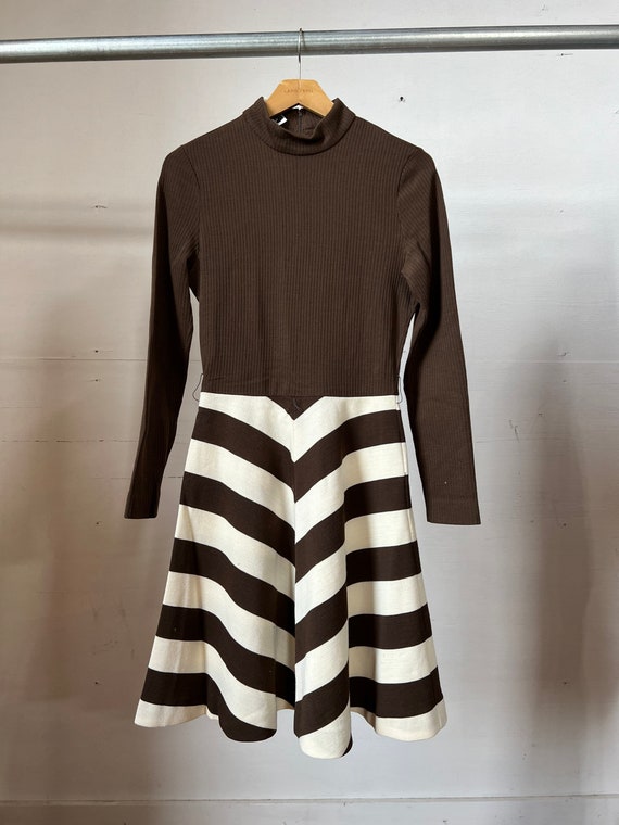 XS SM, 1970s Brown Striped Dress, Polyester - image 1