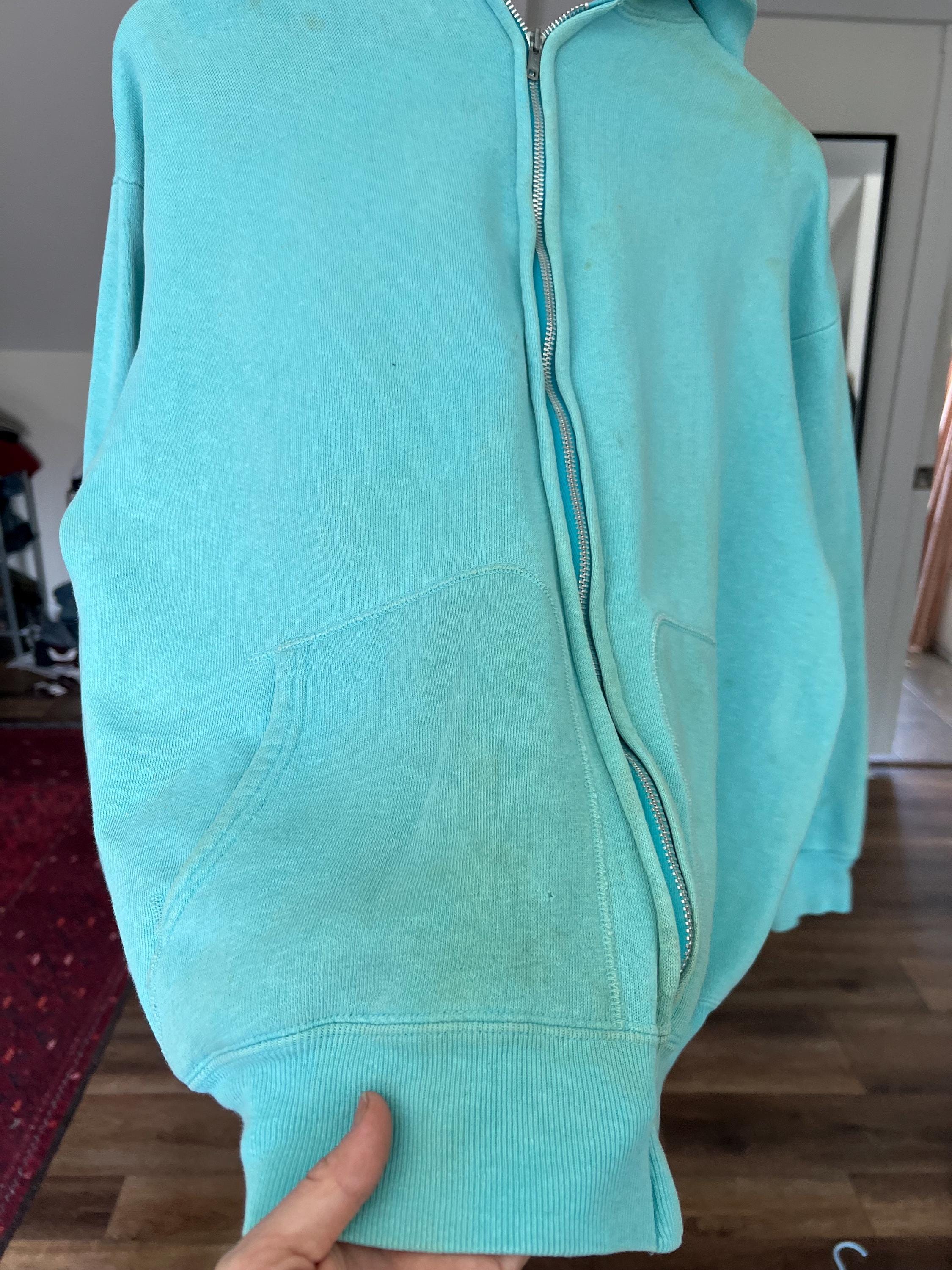 Large, Vintage 1960s Turquoise Cotton Zip up Hoodie