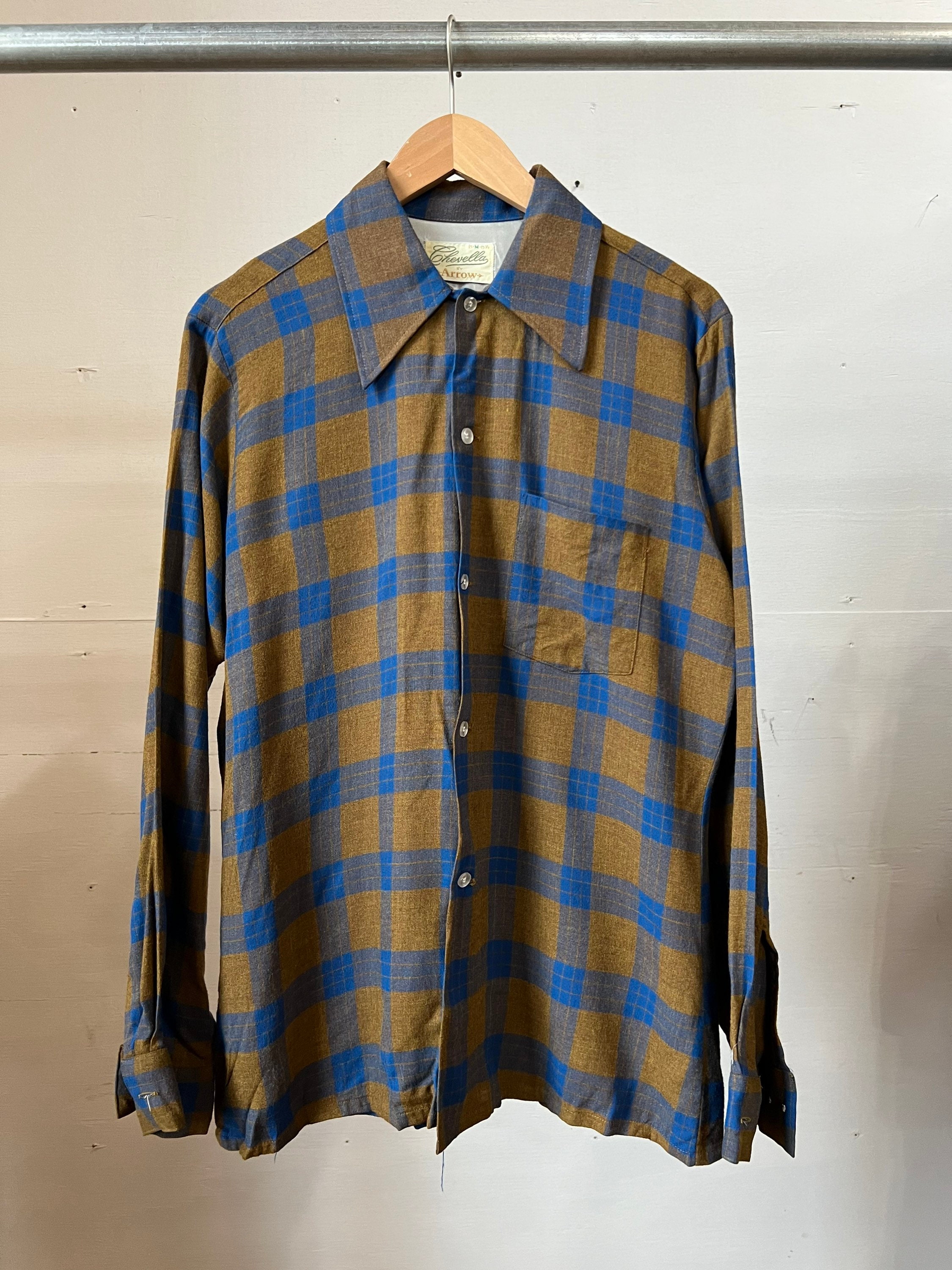 Med Large, 1950s 1960s Rayon Button Down Shirt, ARROW, Chevelle D 
