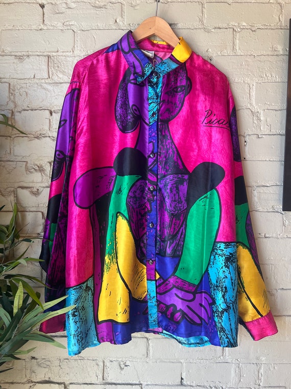 XXL, 1980s Picasso Button Down Shirt, Polyester, … - image 1
